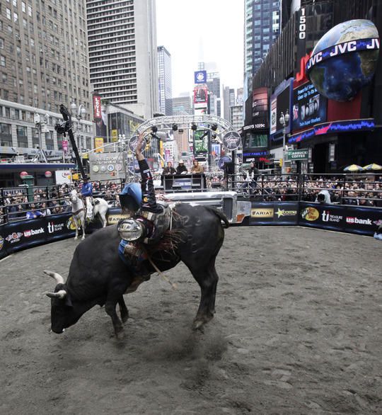Professional bull riders in Times Square